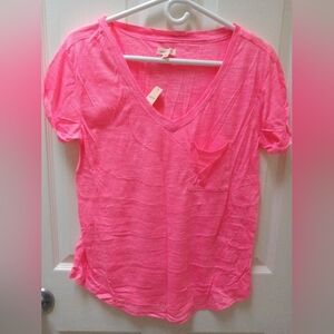 Aerie Neon Pink Striped V-Neck Medium T-shirt Tee, Women's Top, 🆕 New